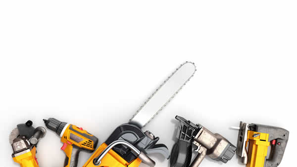 a collage of power tools, grinder, drill, chain saw, nail gun, jig saw