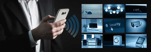 man with smart phone and collage of security images